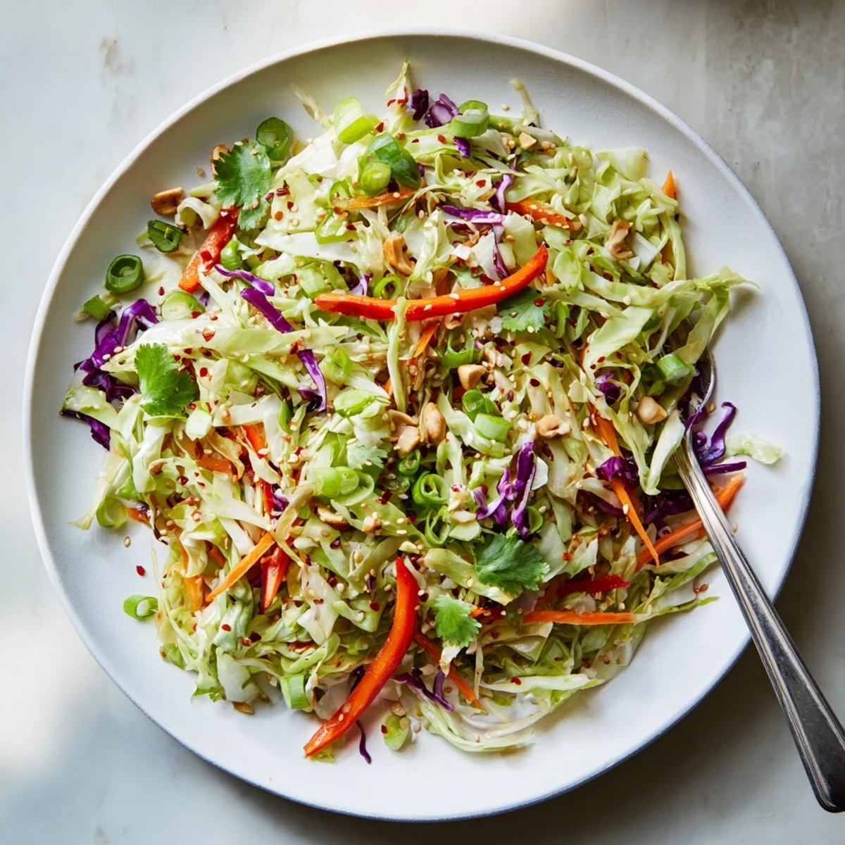 Light lunch Asian Cabbage Salad garnished with green onions, crisp carrot ribbons