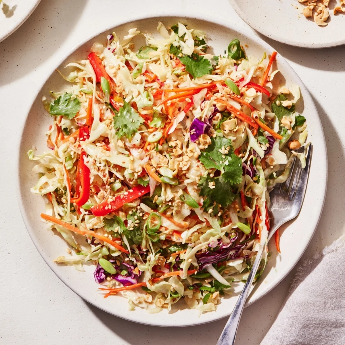 Chilled Asian Cabbage Salad tossed in tangy sesame-ginger dressing, vibrant colors
