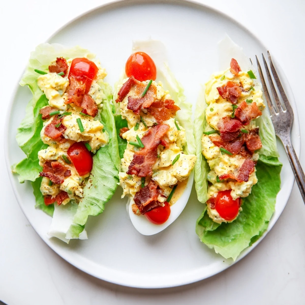 Crisp BLT Egg Salad Lettuce Wraps served with tangy Dijon and fresh chives.