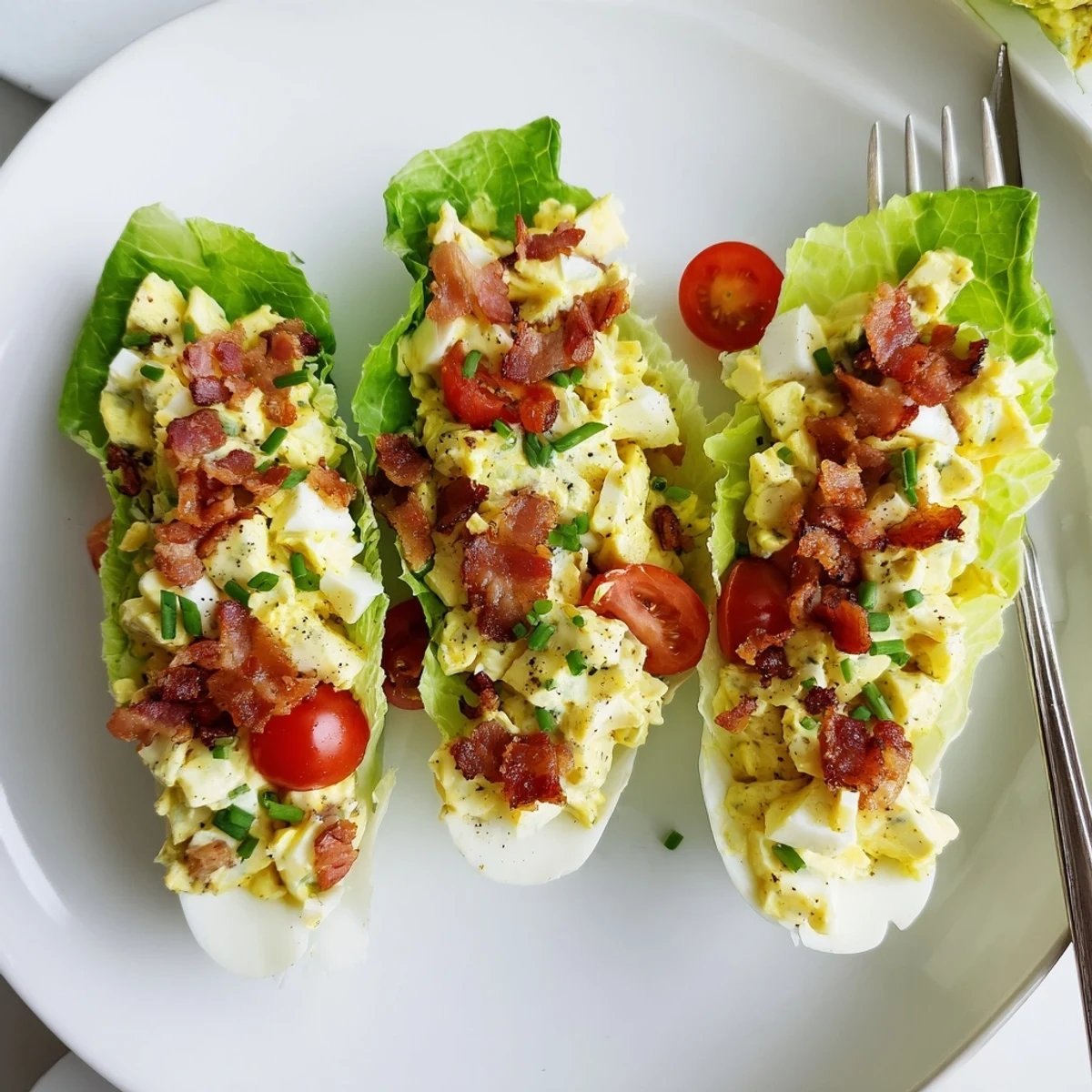 Fresh BLT Egg Salad Lettuce Wraps nestled in butter lettuce, ready to serve.