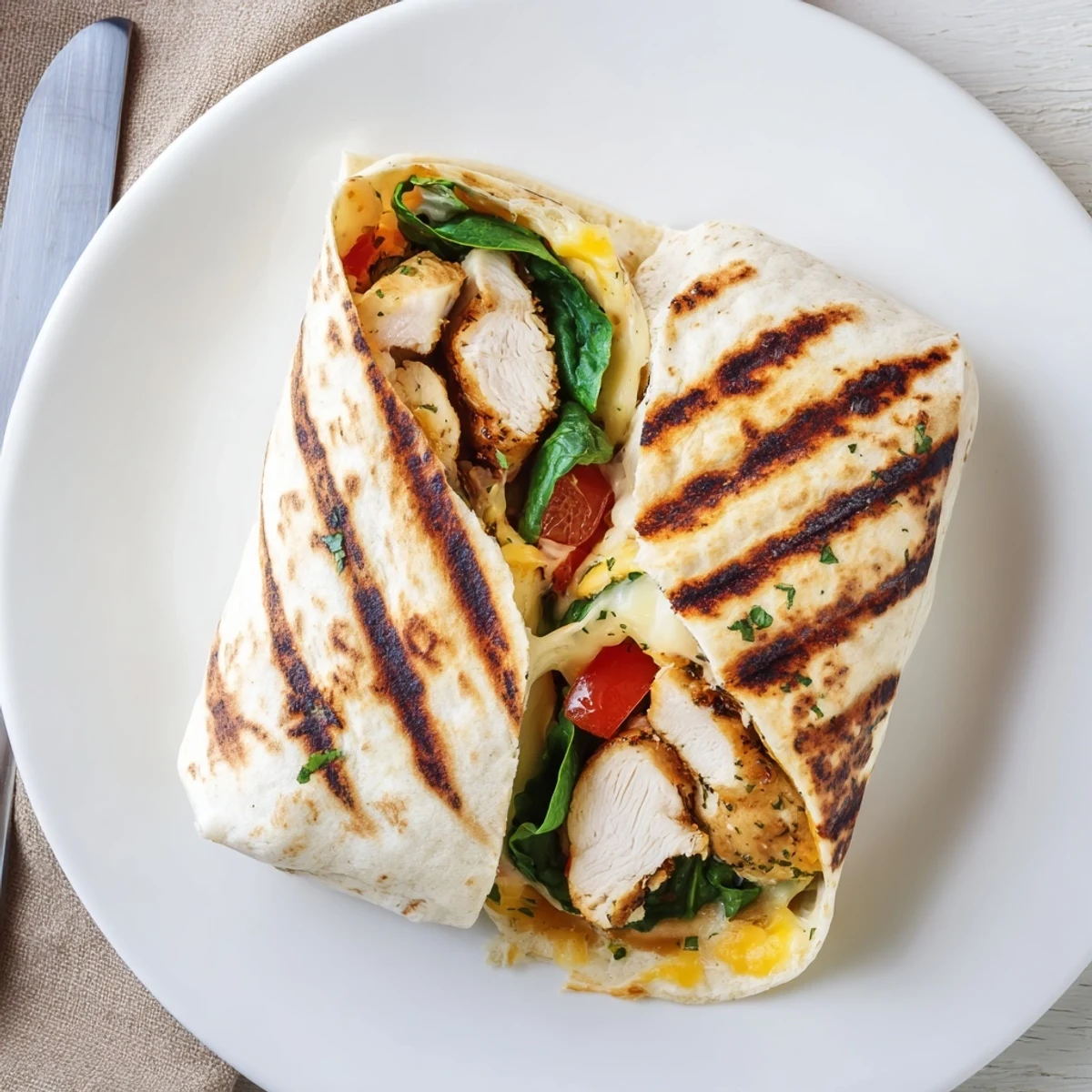 Warm Cheesy Garlic Chicken Wraps sliced in half, melted cheese oozing