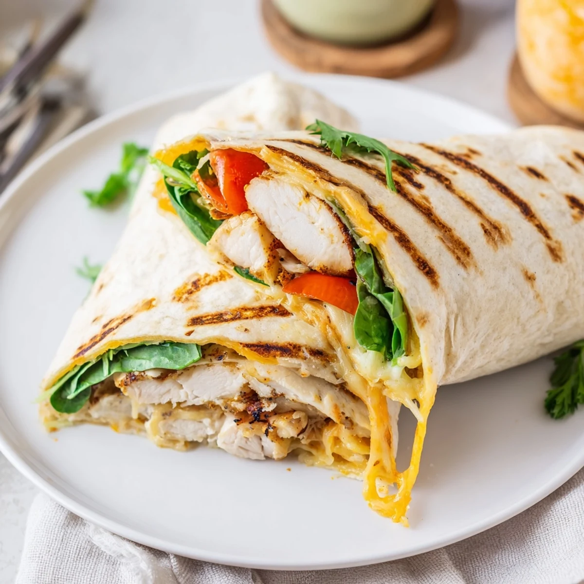 Grilled Cheesy Garlic Chicken Wraps with crisp spinach and juicy tomato