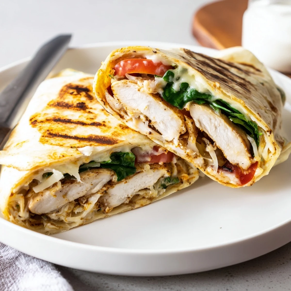 Pan-seared Cheesy Garlic Chicken Wraps served warm with sweet potato fries