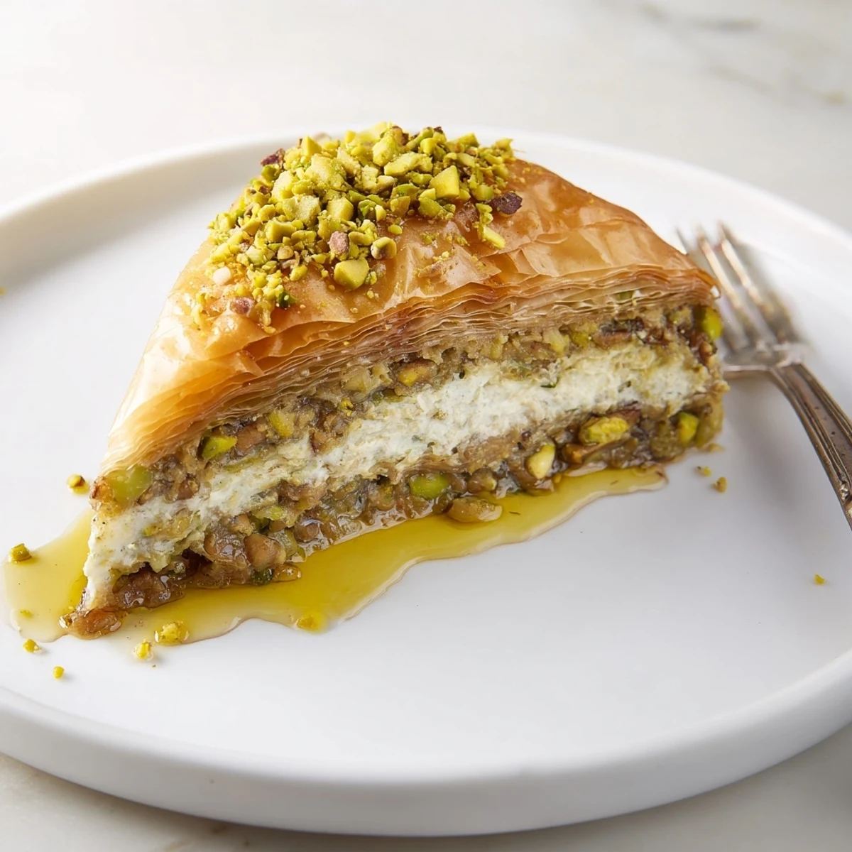 Pistachio Baklava Cheesecake topped with honey syrup and crunchy pistachios.
