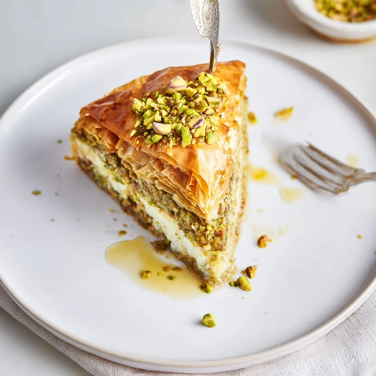 Chilled Pistachio Baklava Cheesecake revealing creamy center and flaky phyllo crust.