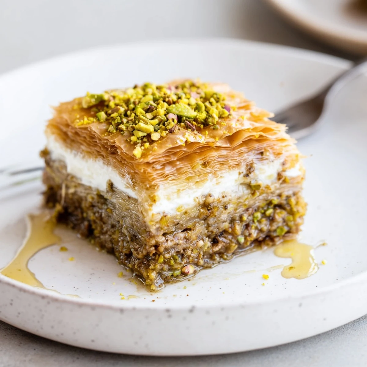 A slice of Pistachio Baklava Cheesecake glistening with syrup, served with tea.