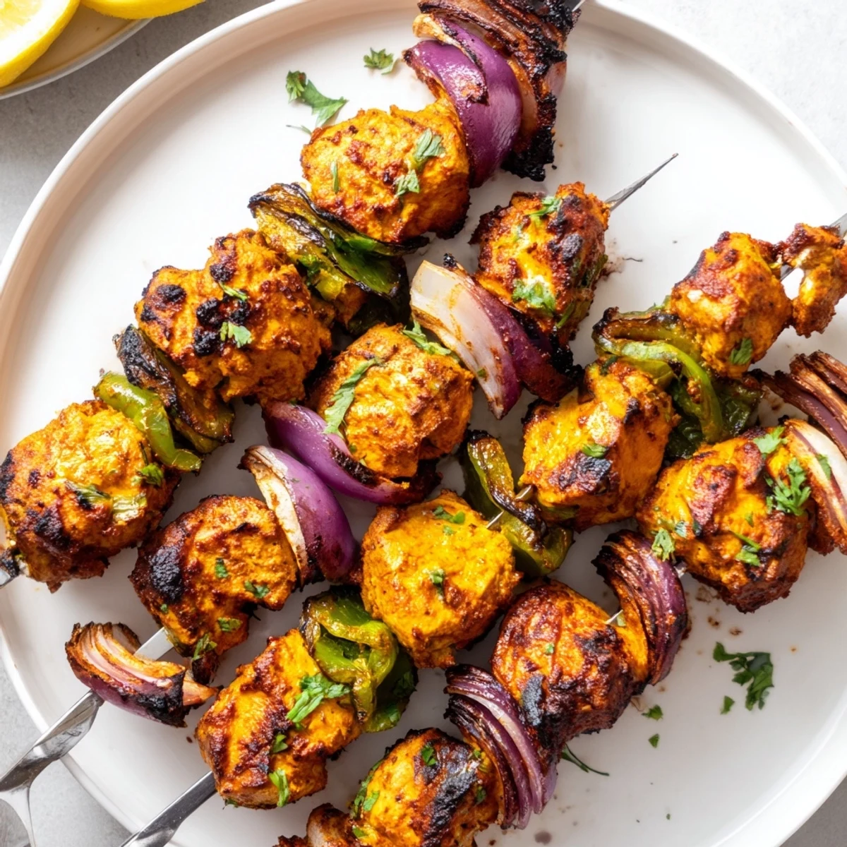 Grilled Tandoori Chicken Tikka Skewers basted with ghee and fragrant spices