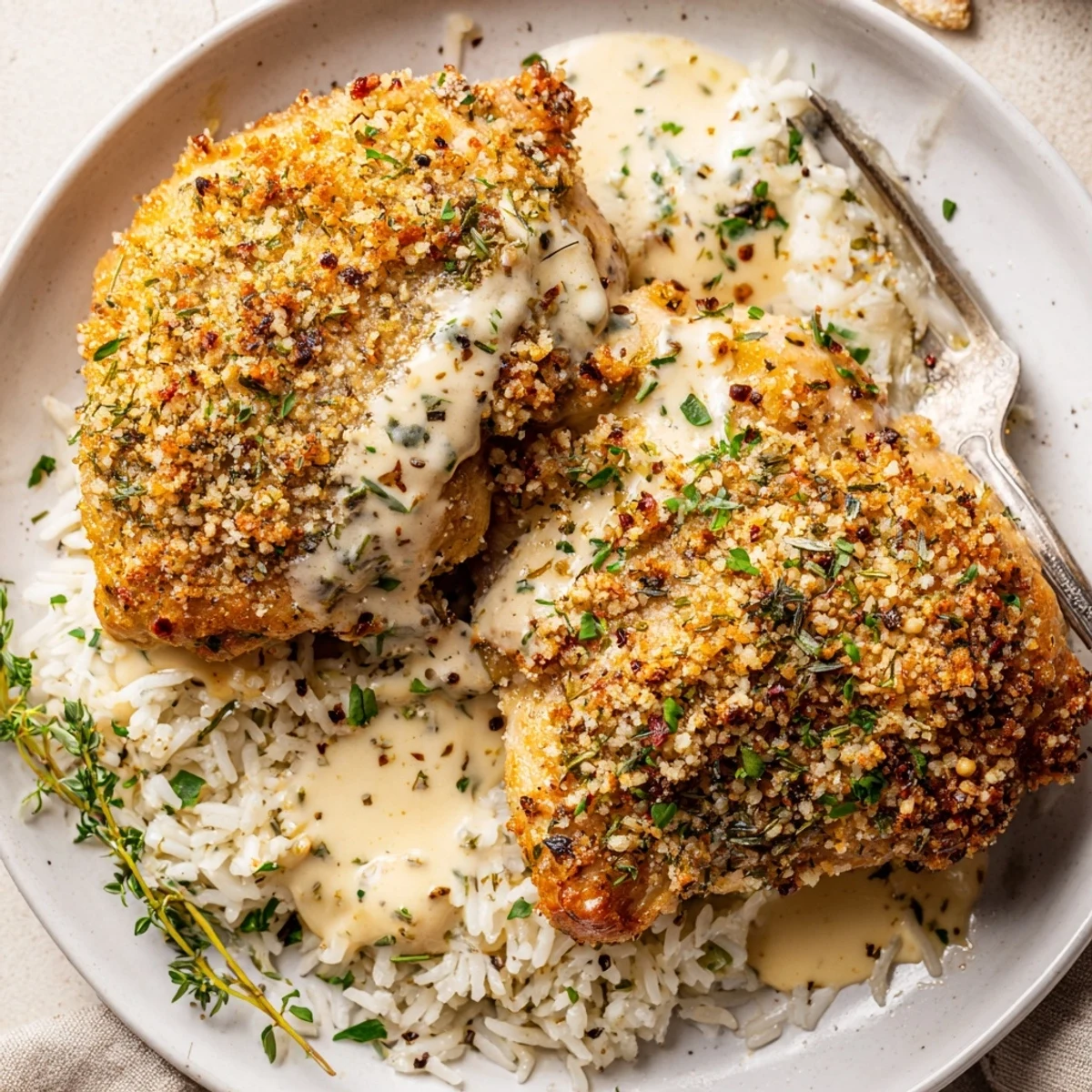 Golden Herb Crusted Chicken Thighs In Creamy Garlic Sauce With Rice steaming and glossy