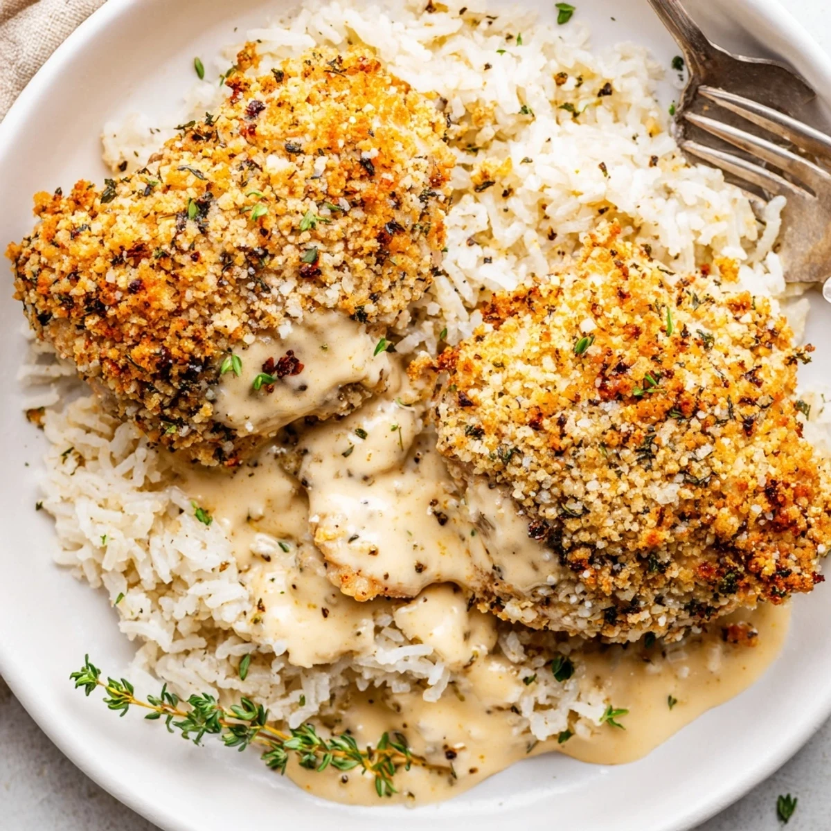 Golden Herb Crusted Chicken Thighs In Creamy Garlic Sauce With Rice, crispy golden crust