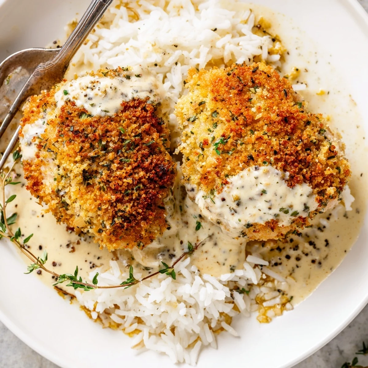 Golden Herb Crusted Chicken Thighs In Creamy Garlic Sauce With Rice, fragrant roasted herbs