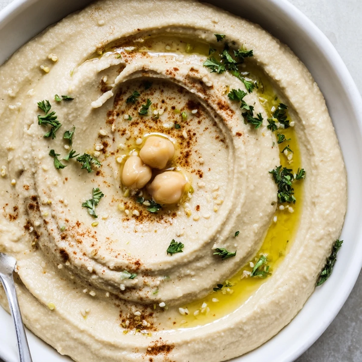 Smooth Hummus blended to silky perfection, lemony aroma, parsley garnish.