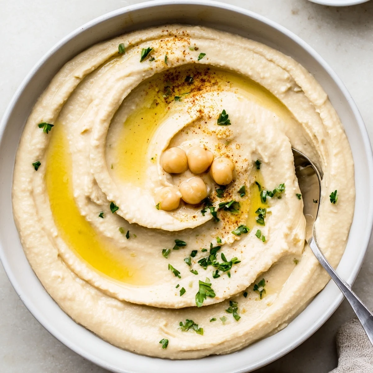 Creamy Smooth Hummus swirled with olive oil, paprika, ready for pita.