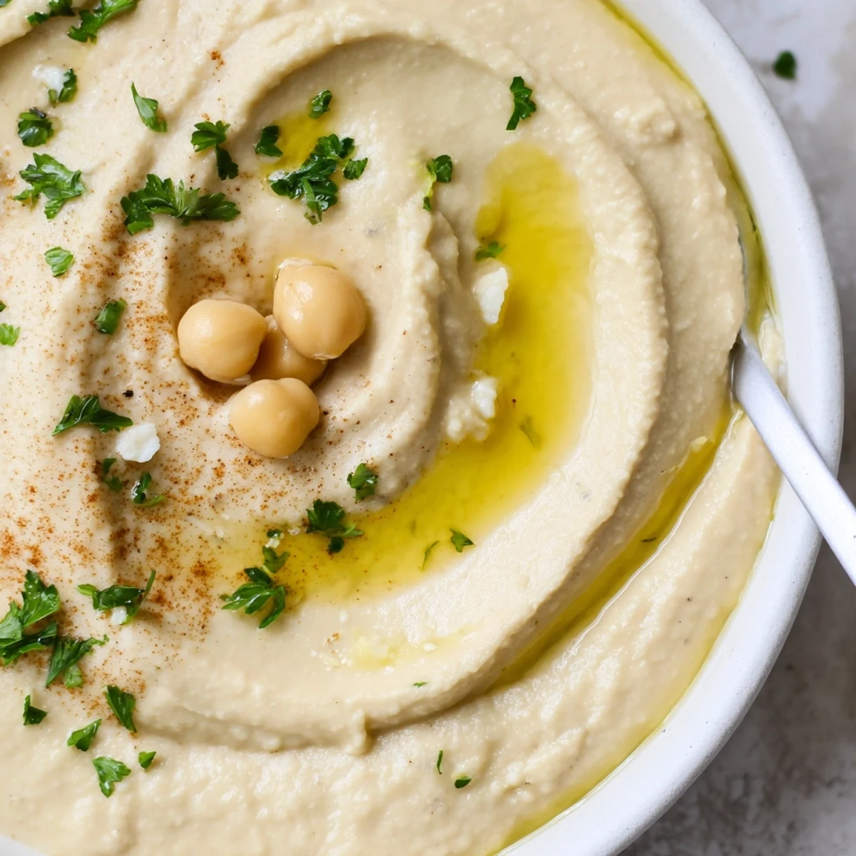 Velvety Smooth Hummus served with warm pita and crisp vegetable sticks.