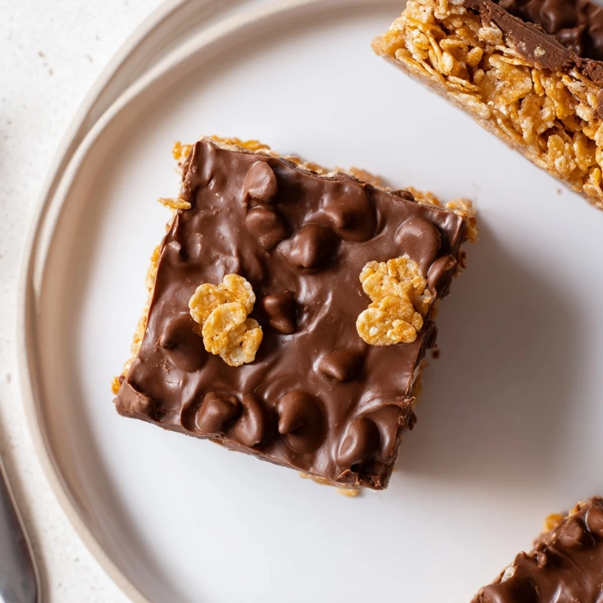 Chewy Cornflake Chocolate Fudge Bars chilled, sliced for parties on parchment-lined pan
