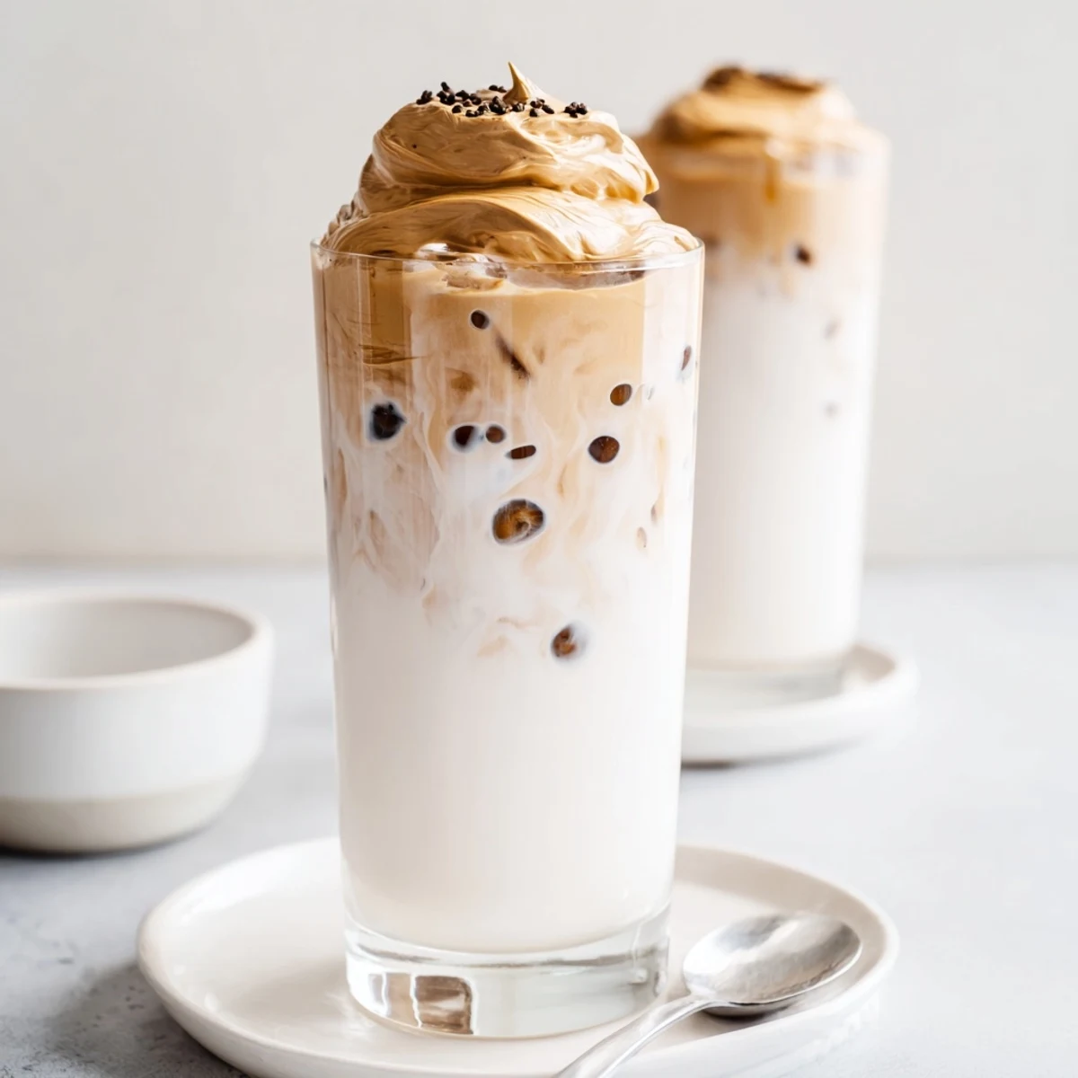 Dalgona Coffee with velvety whipped caramel-colored foam spooned over chilled milk