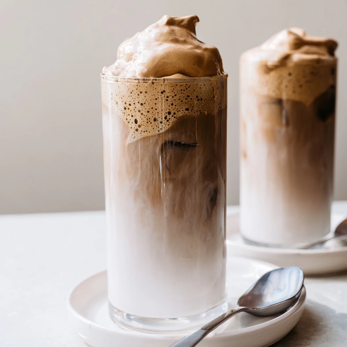 Chilled Dalgona Coffee ready to stir, creamy foam floating above milk