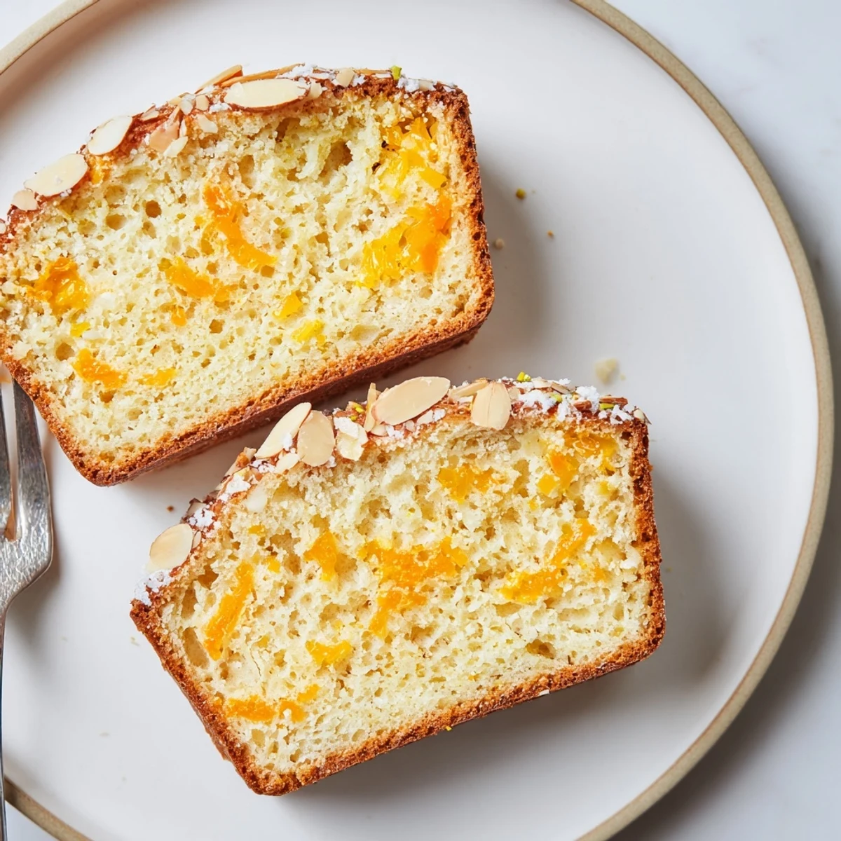 Sliced Gluten Free Orange Cardamom Bread steaming, bright orange zest and almonds