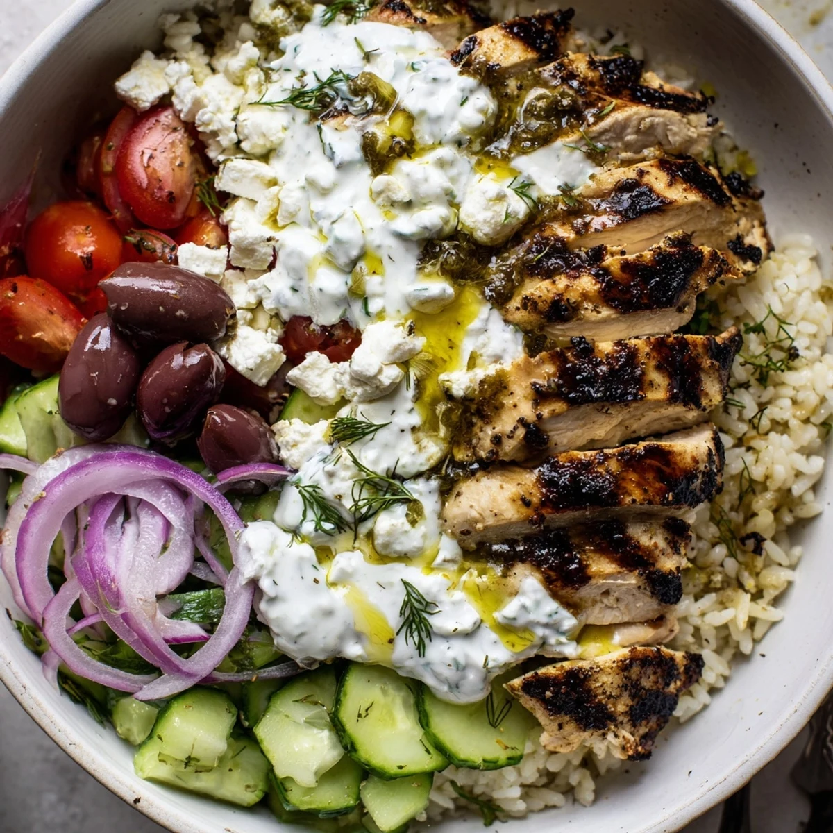 Mediterranean Chicken Bowl with juicy grilled chicken, vibrant veggies, creamy tzatziki drizzle