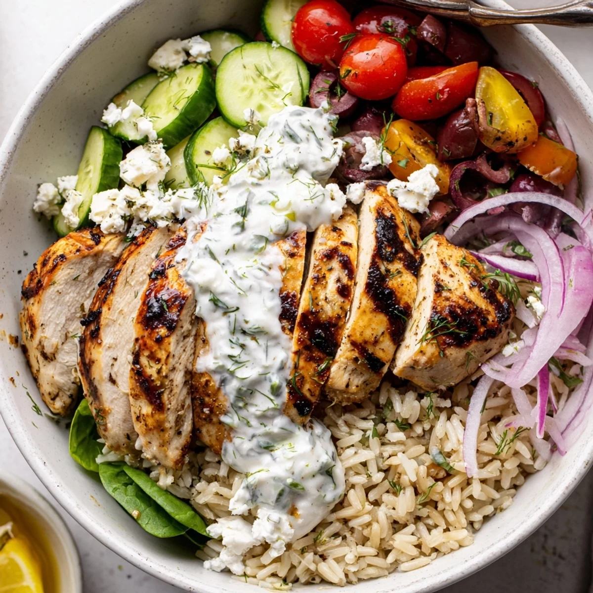 Grilled Mediterranean Chicken Bowl served over herbed rice, bright lemony flavors