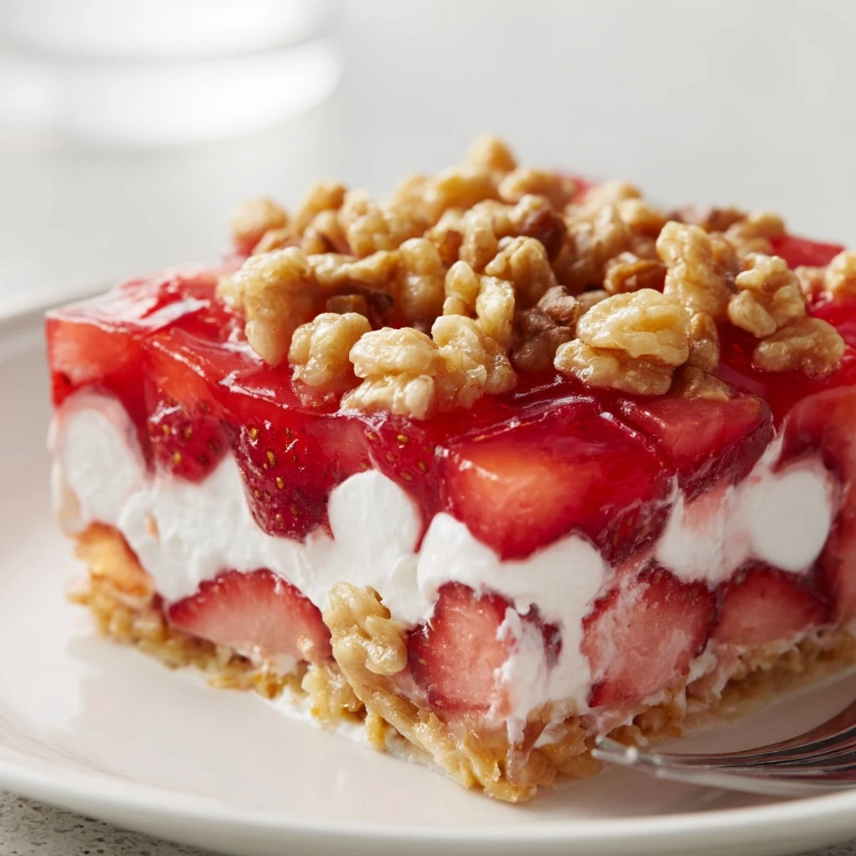 Strawberry Crackle Salad layered with glossy strawberries, creamy filling, crunchy caramel topping