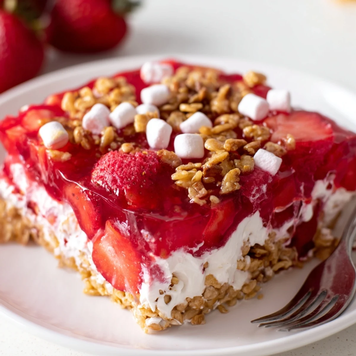 Chilled Strawberry Crackle Salad served on a plate, sweet pineapple and pecans