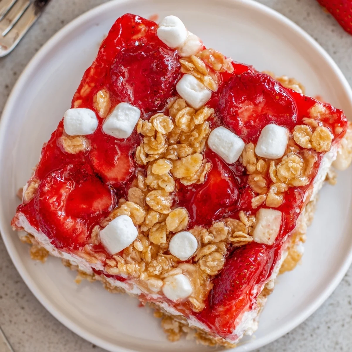 Homestyle Strawberry Crackle Salad with pillowy marshmallows, melting cream cheese layer, summer-ready