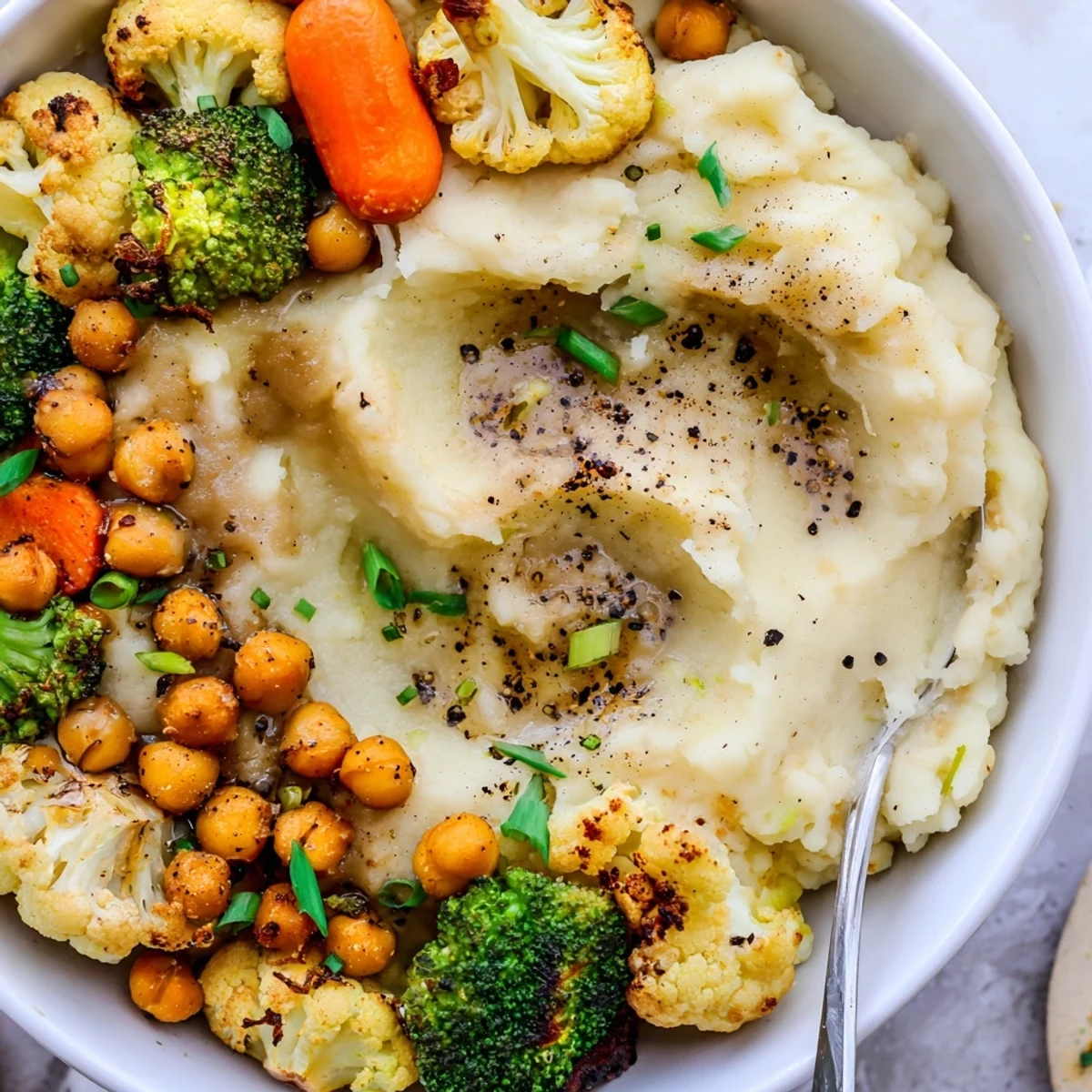 Warm Vegan Mashed Potato Bowls served with crispy chickpeas and fresh chives.