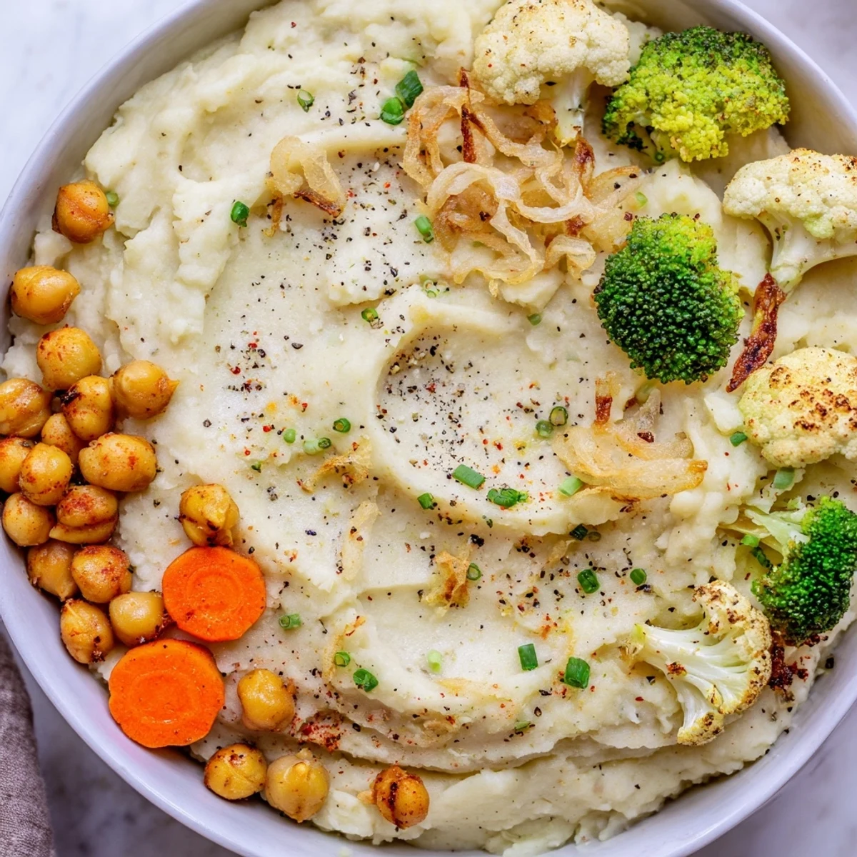 Silky, steaming Vegan Mashed Potato Bowls finished with tangy gravy and herbs.
