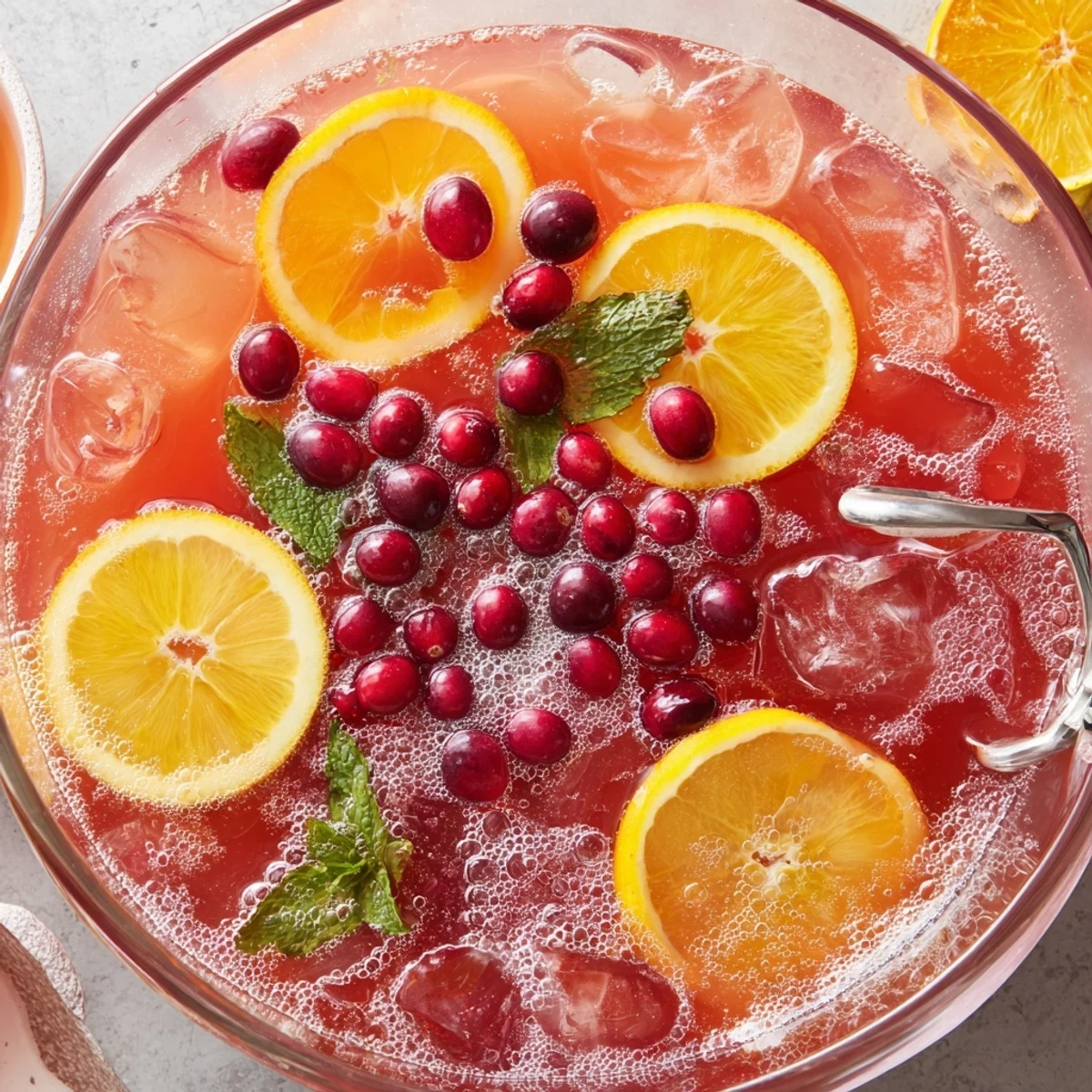 Clear bowl of Christmas Punch studded with orange slices, cranberries, ice