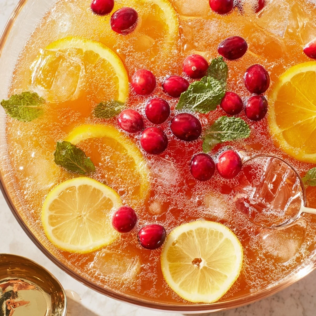 Christmas Punch shimmering with cranberry-orange citrus, mint sprigs and ginger ale fizz
