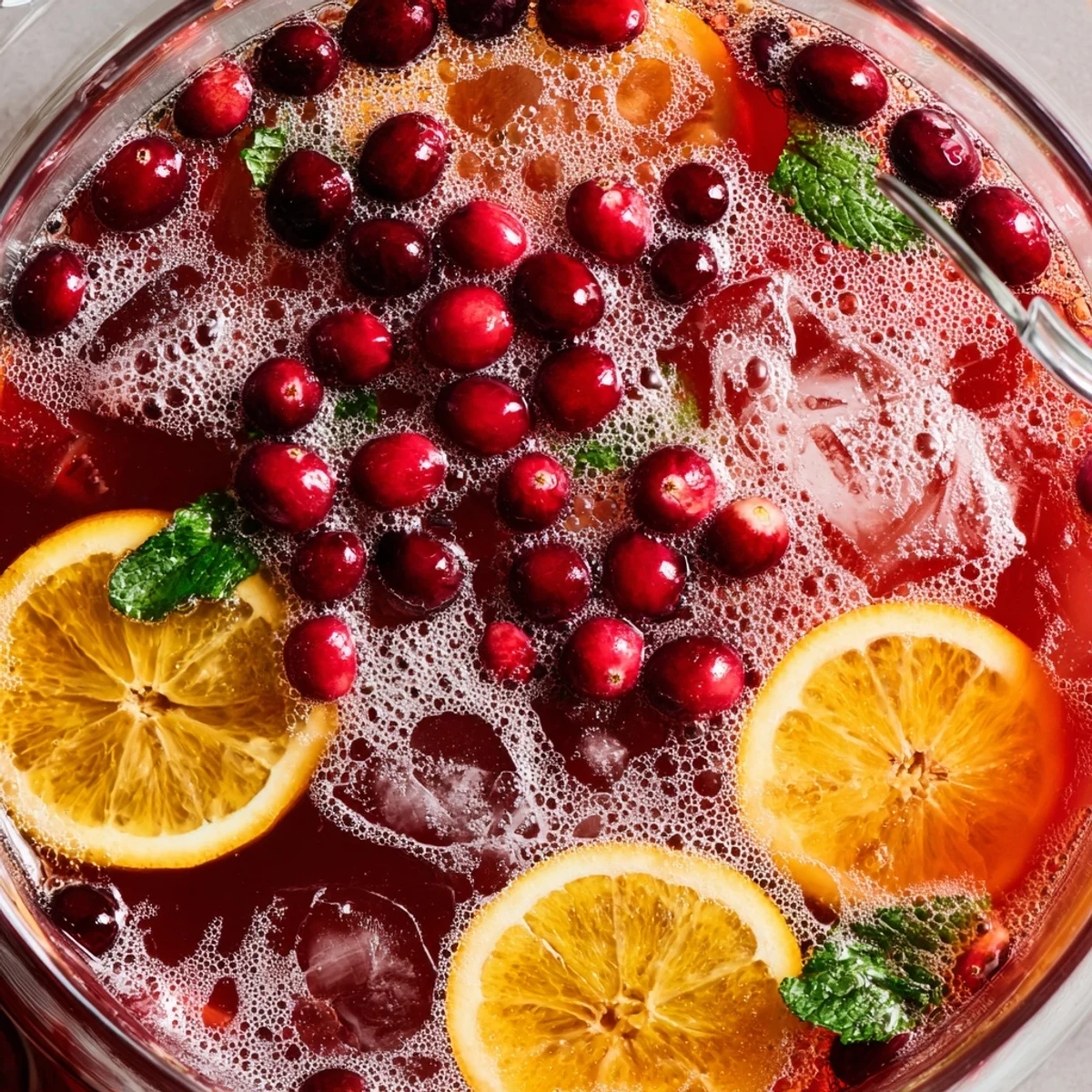 Festive Christmas Punch ladled into glasses, sparkling prosecco option and zesty aroma