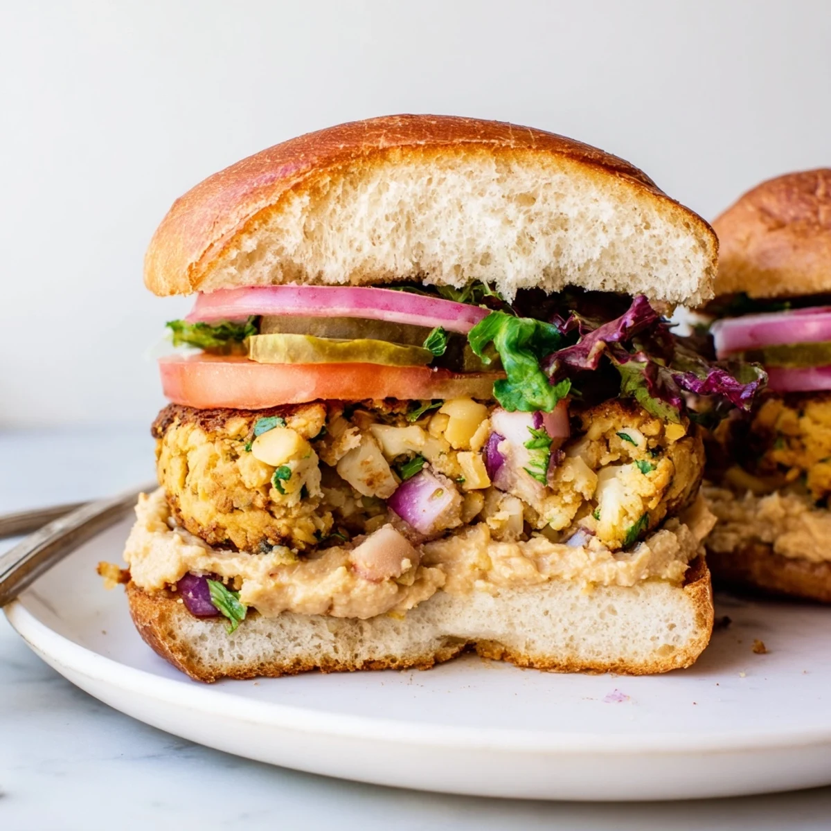Chickpea Cauliflower Burger topped with ripe tomato and crisp greens, steaming
