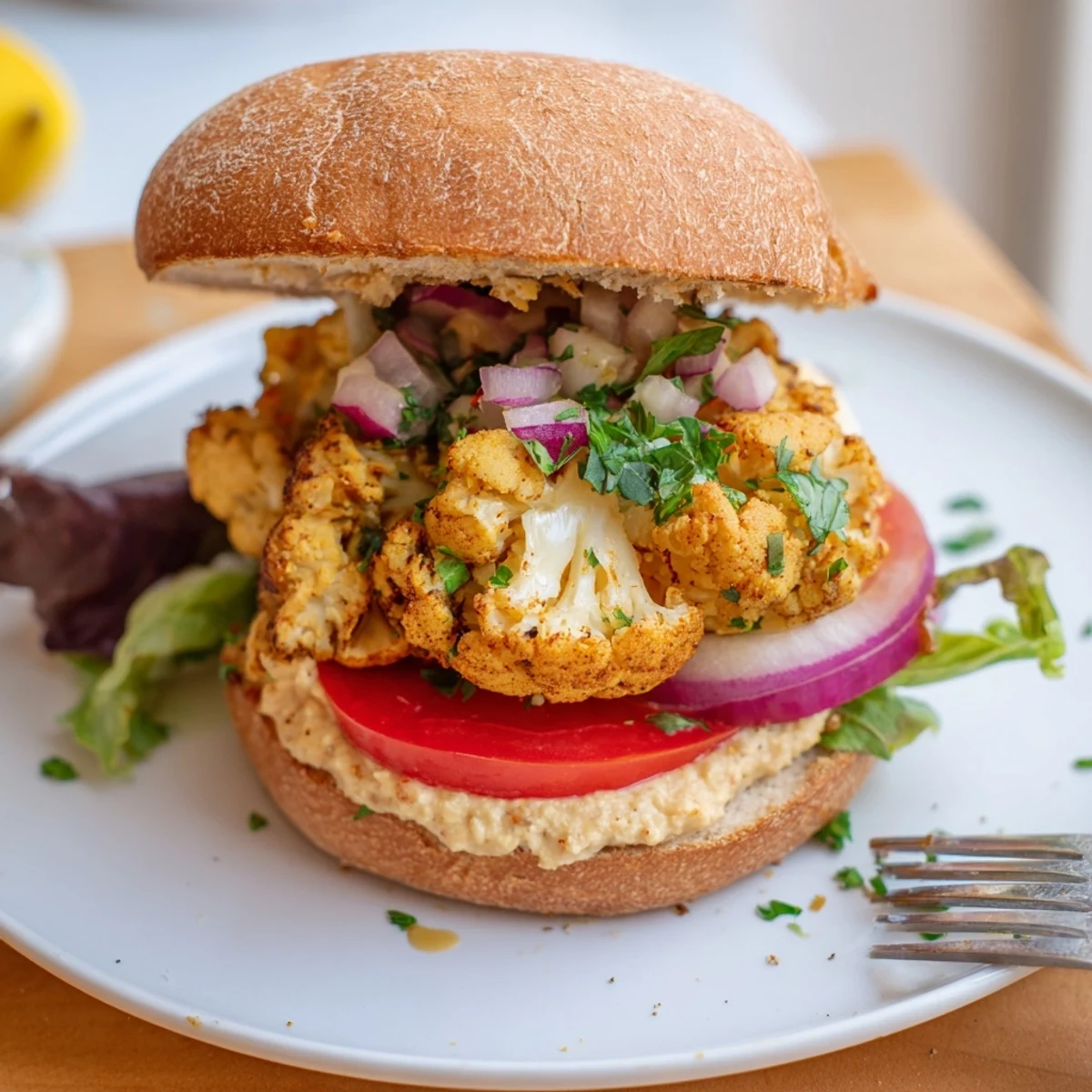 Homestyle Chickpea Cauliflower Burger with smoky paprika aroma and creamy hummus
