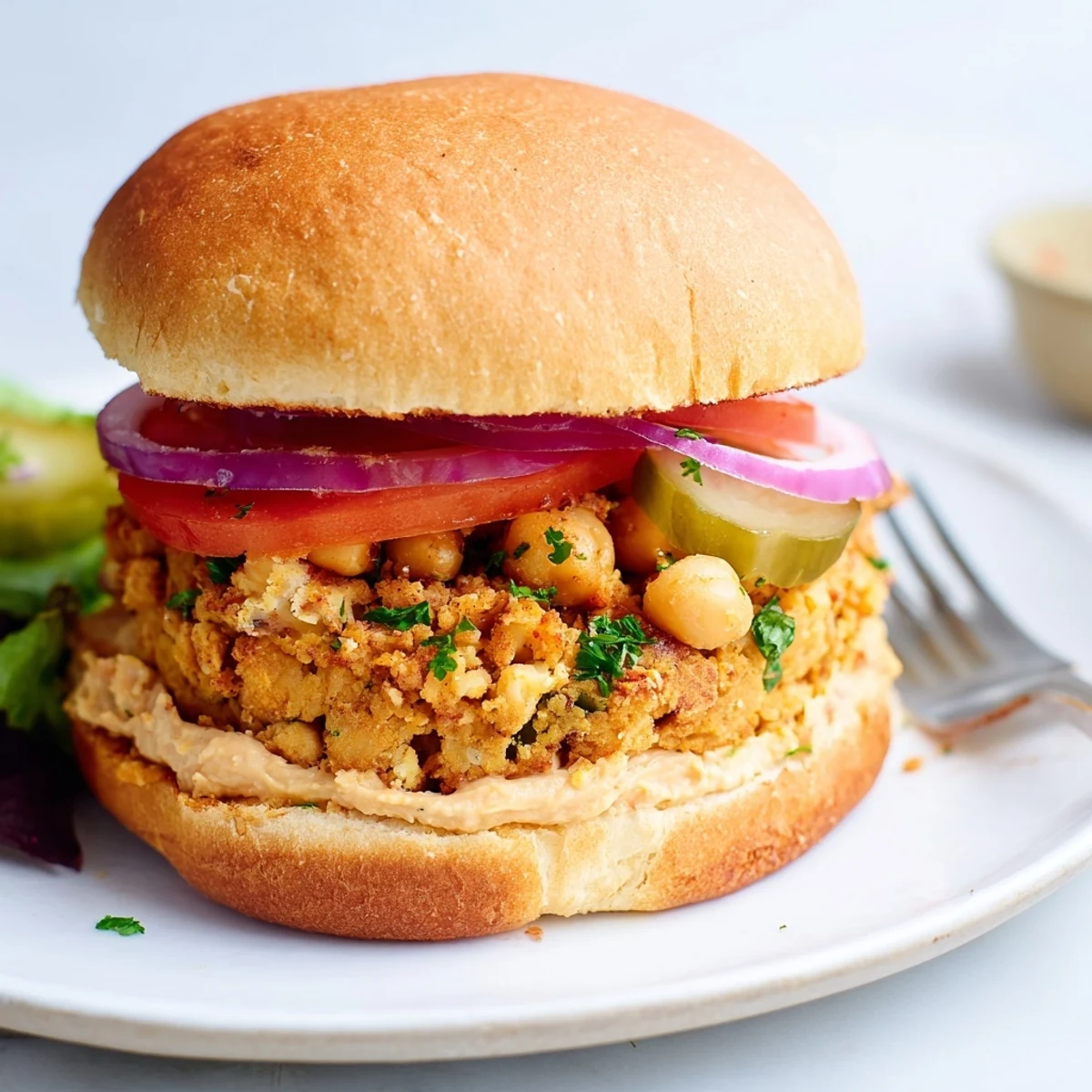 Pan seared Chickpea Cauliflower Burger golden brown, served on a toasted bun