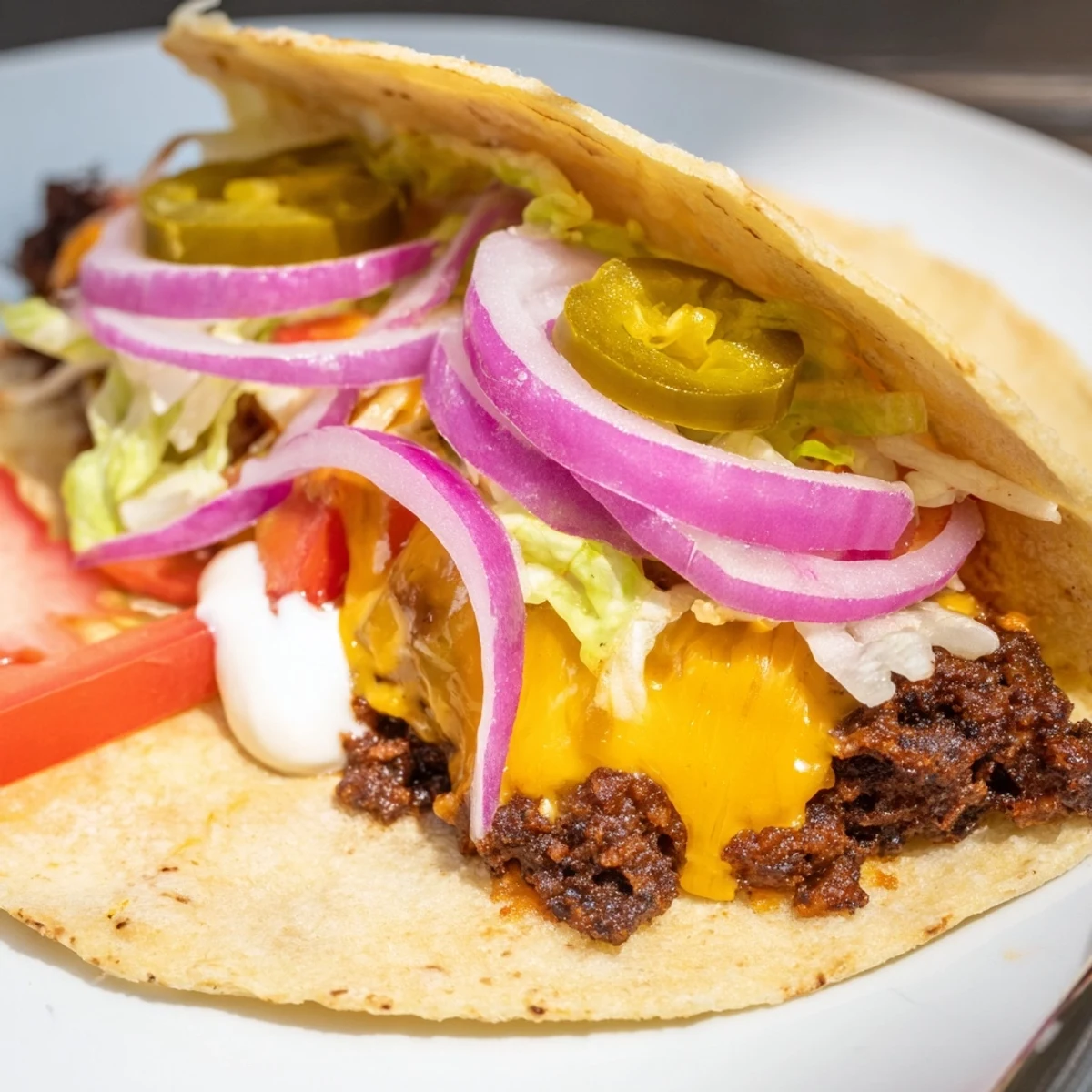 Golden, crispy Cheesy Smash Tacos Recipe with melted cheddar and fresh toppings