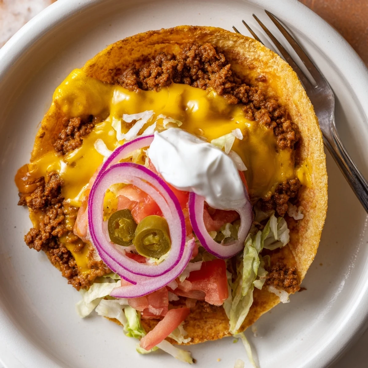 Griddle pressed Cheesy Smash Tacos Recipe folded with smoky beef, tangy sauce