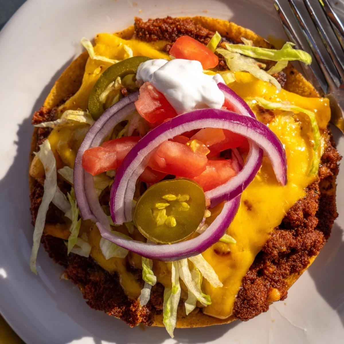 Hands holding a Cheesy Smash Tacos Recipe with gooey cheese and toasted tortilla