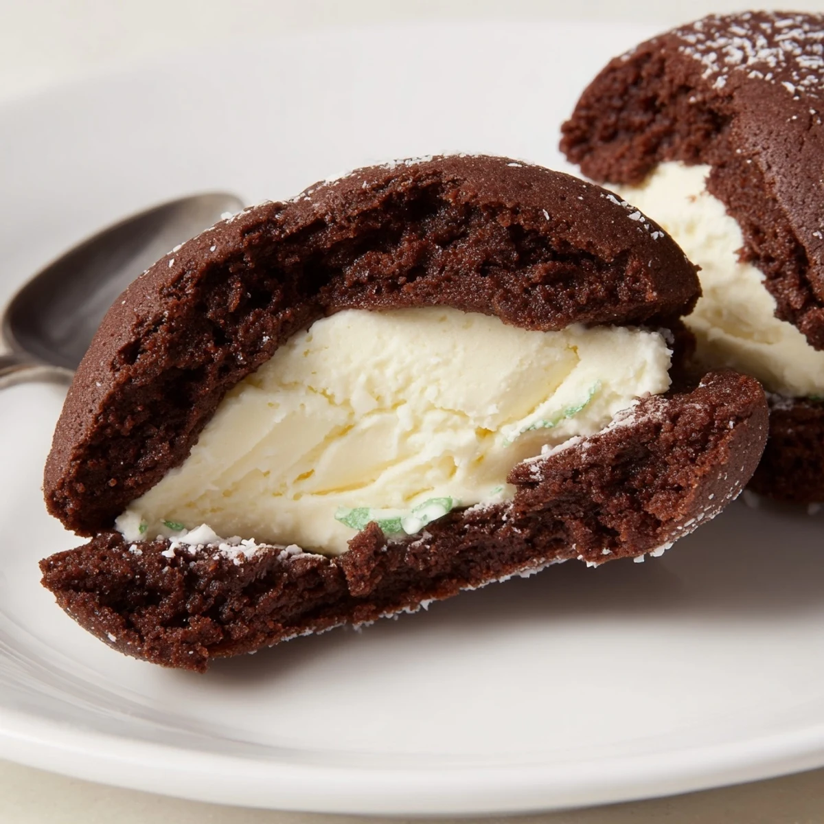 Chocolate Peppermint Sandwich Cookies arranged on a plate, glossy peppermint filling inside