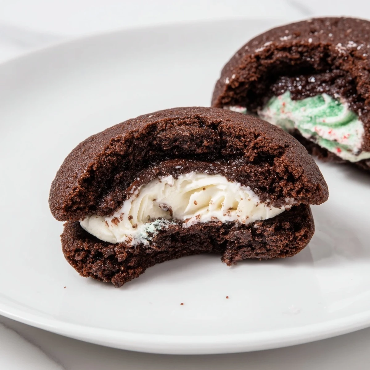 Warm Chocolate Peppermint Sandwich Cookies cooling on rack, creamy mint center visible