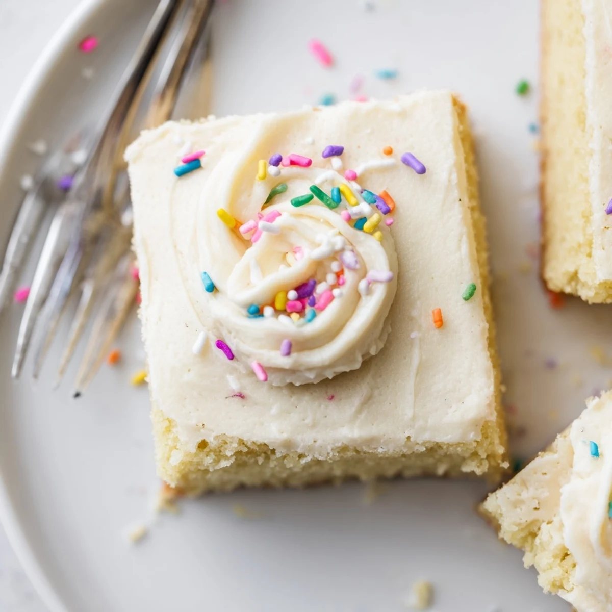Frosted Sugar Cookie Bars Recipe on a party platter, buttery bars with colorful sprinkles