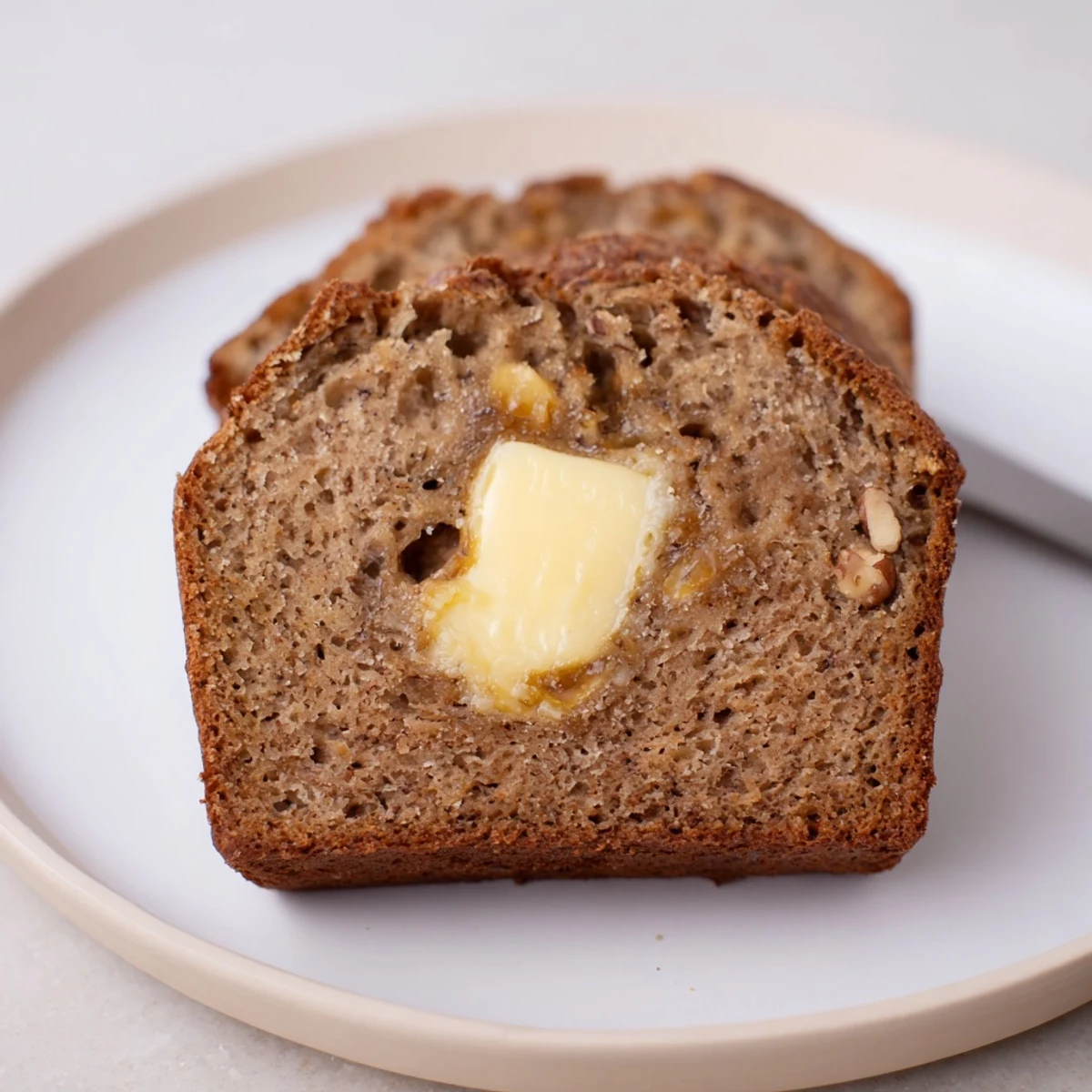 Moist Banana Bread slice topped with melting butter, steaming plate nearby
