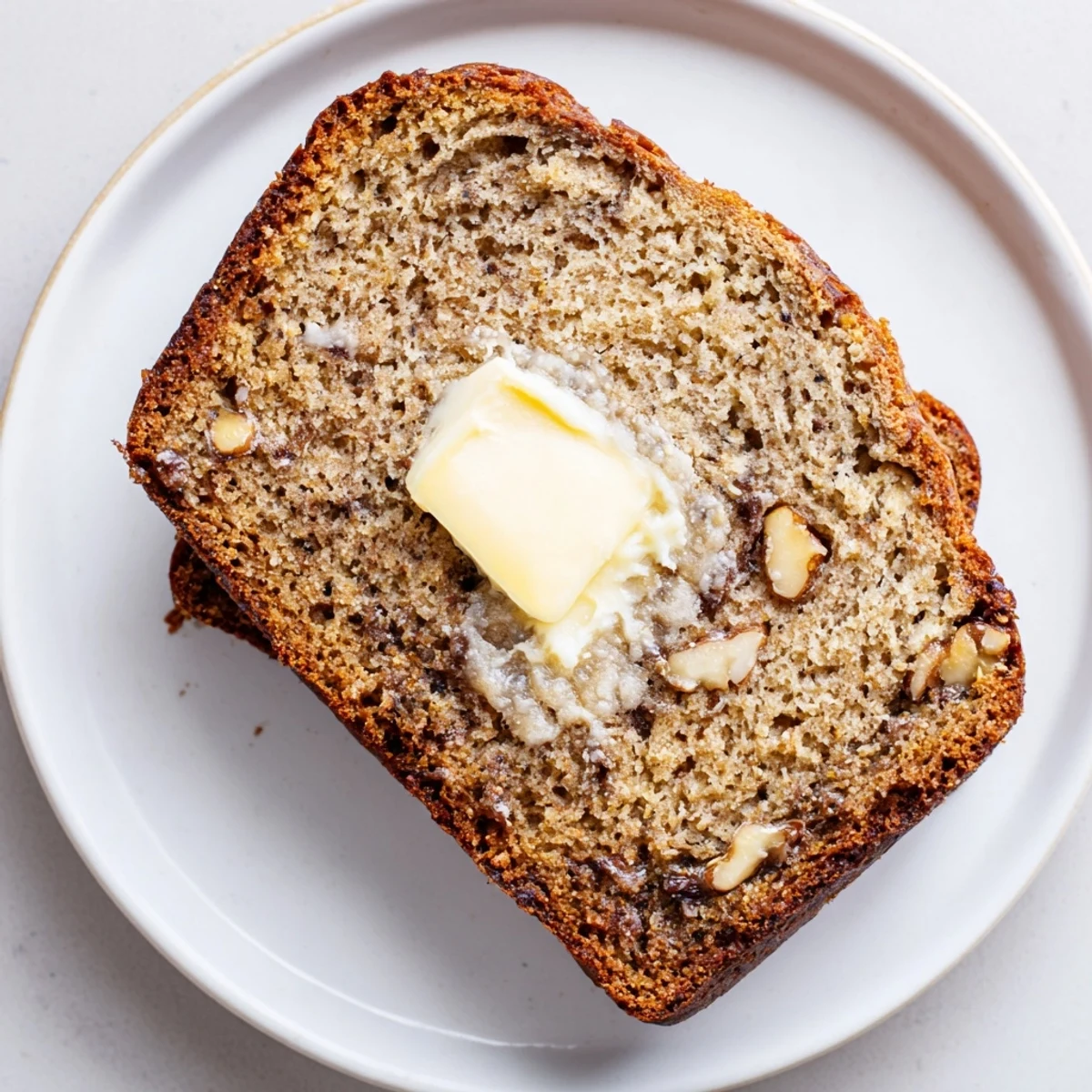 Warm Banana Bread loaf with golden crust, sliced on cooling rack