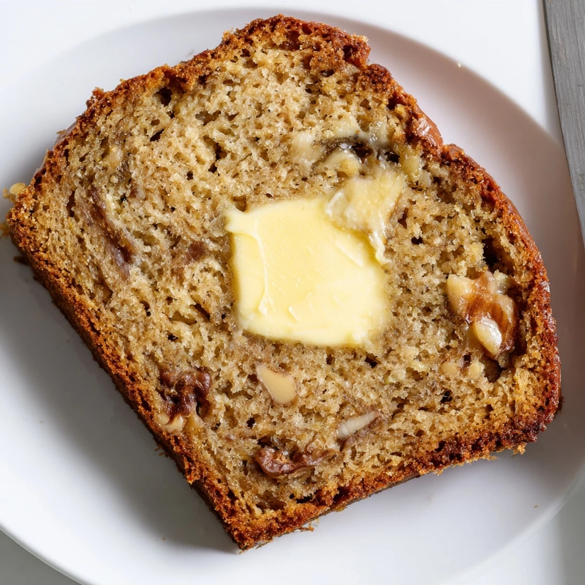 Banana Bread studded with walnuts, golden crumb and warm aroma visible