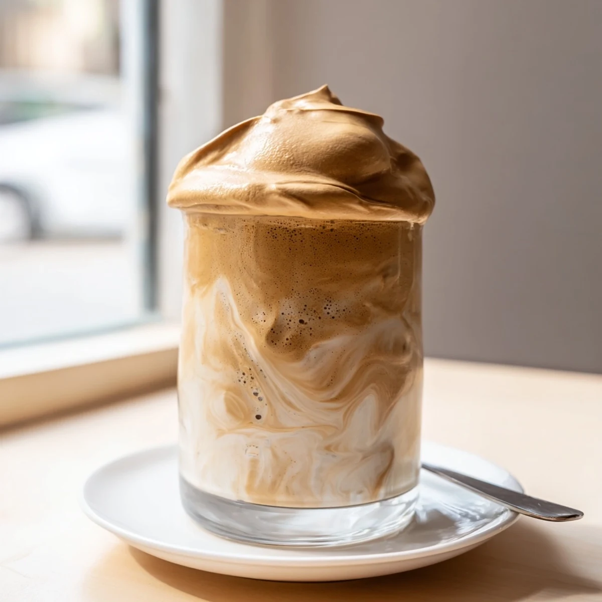 Two glasses of Whipped Coffee with ice, frothy peaks and cinnamon