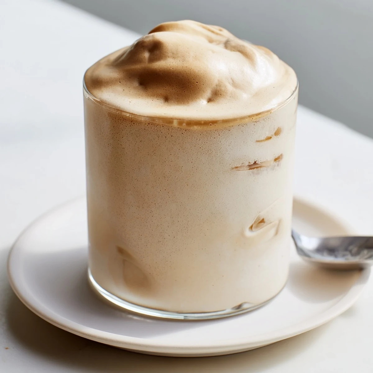 Hand-whisked Whipped Coffee spooned over cold milk, velvety, slightly sweet foam