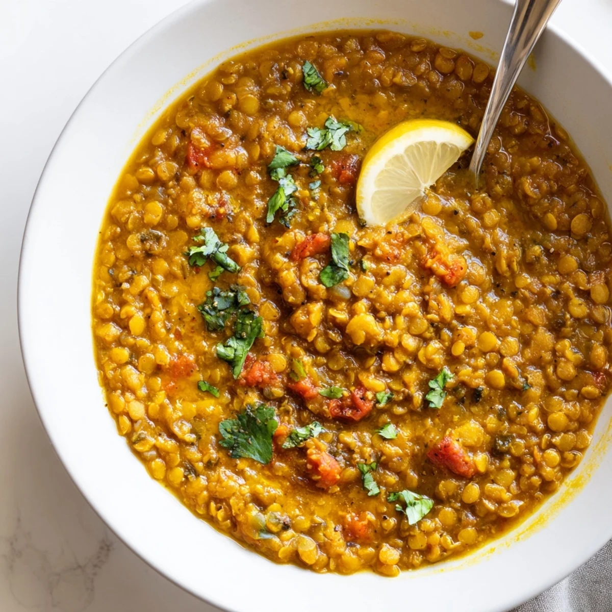 Creamy One Pot Lentil Dal steaming in a bowl with cilantro garnish