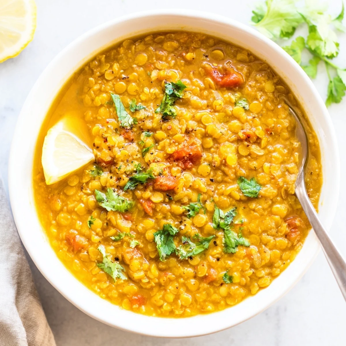 Spiced One Pot Lentil Dal bubbling in Dutch oven, warm naan nearby