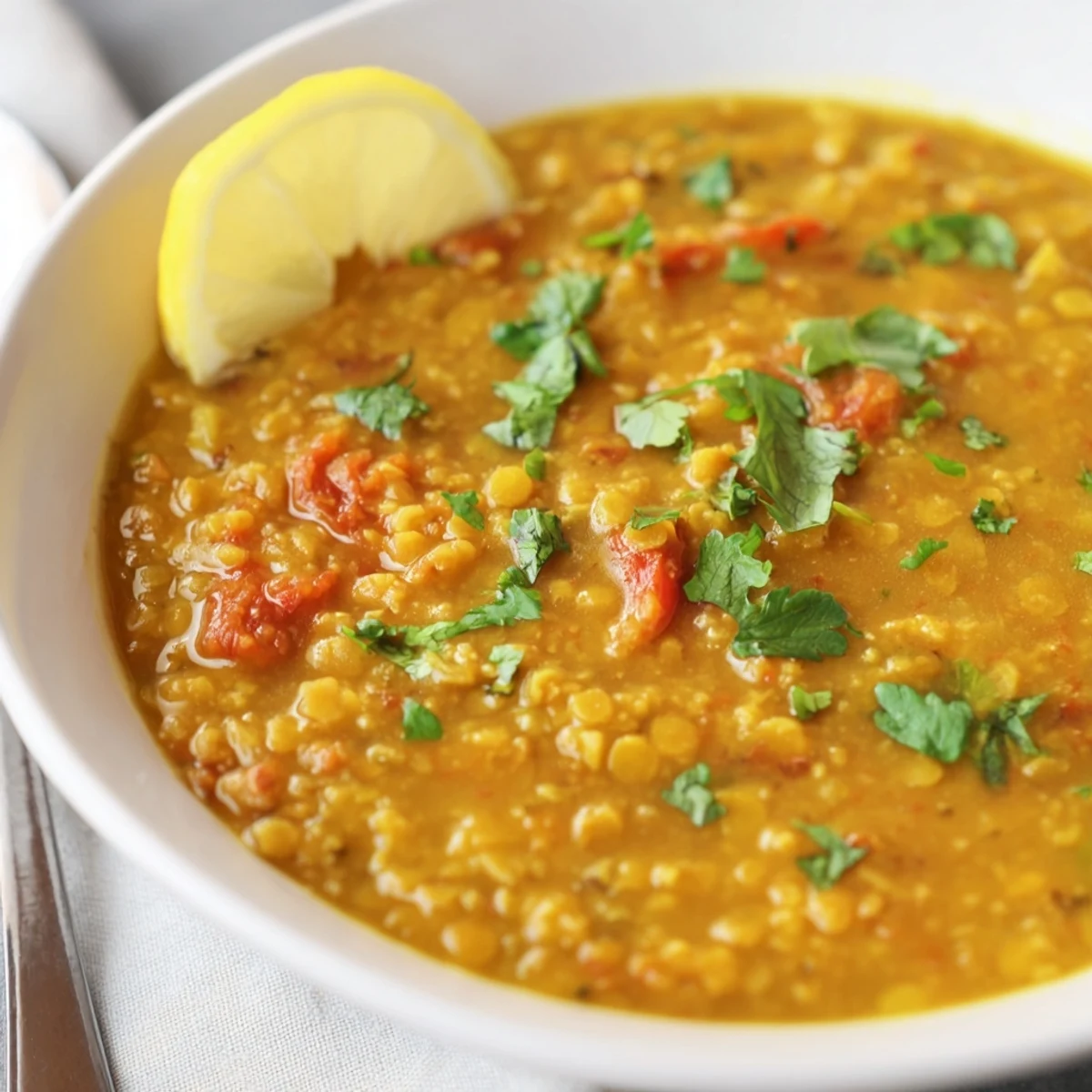 Hearty One Pot Lentil Dal ladled over rice, lemon wedge on side
