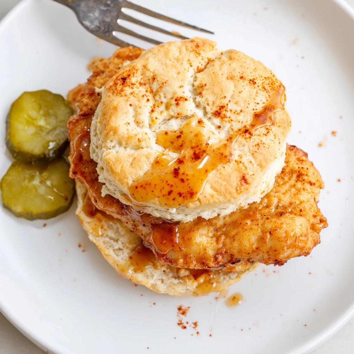 Warm butter-brushed biscuits topped with Hot Honey Chicken Biscuits Recipe style crispy chicken