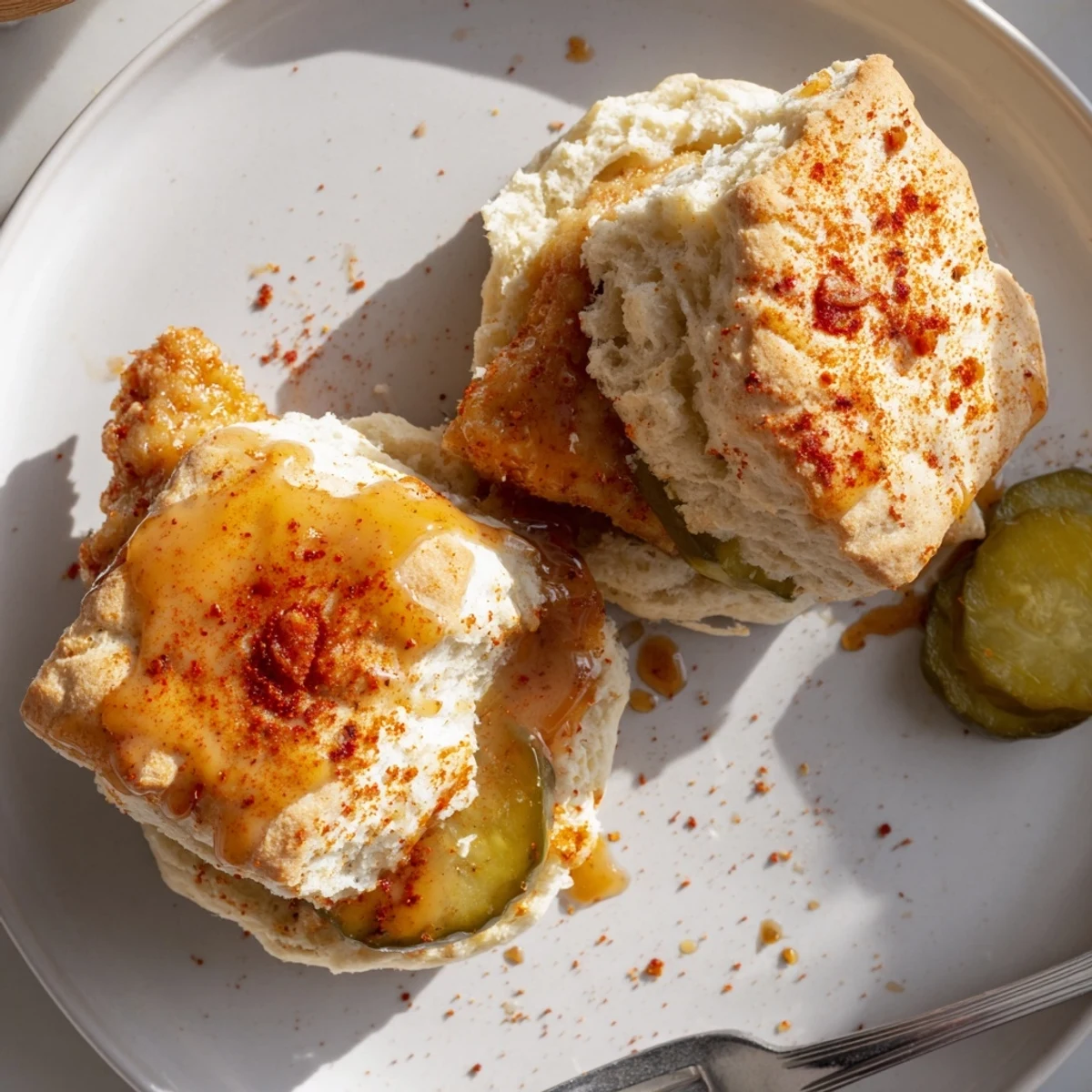 Hot Honey Chicken Biscuits Recipe with golden fried chicken and sticky spicy-sweet drizzle